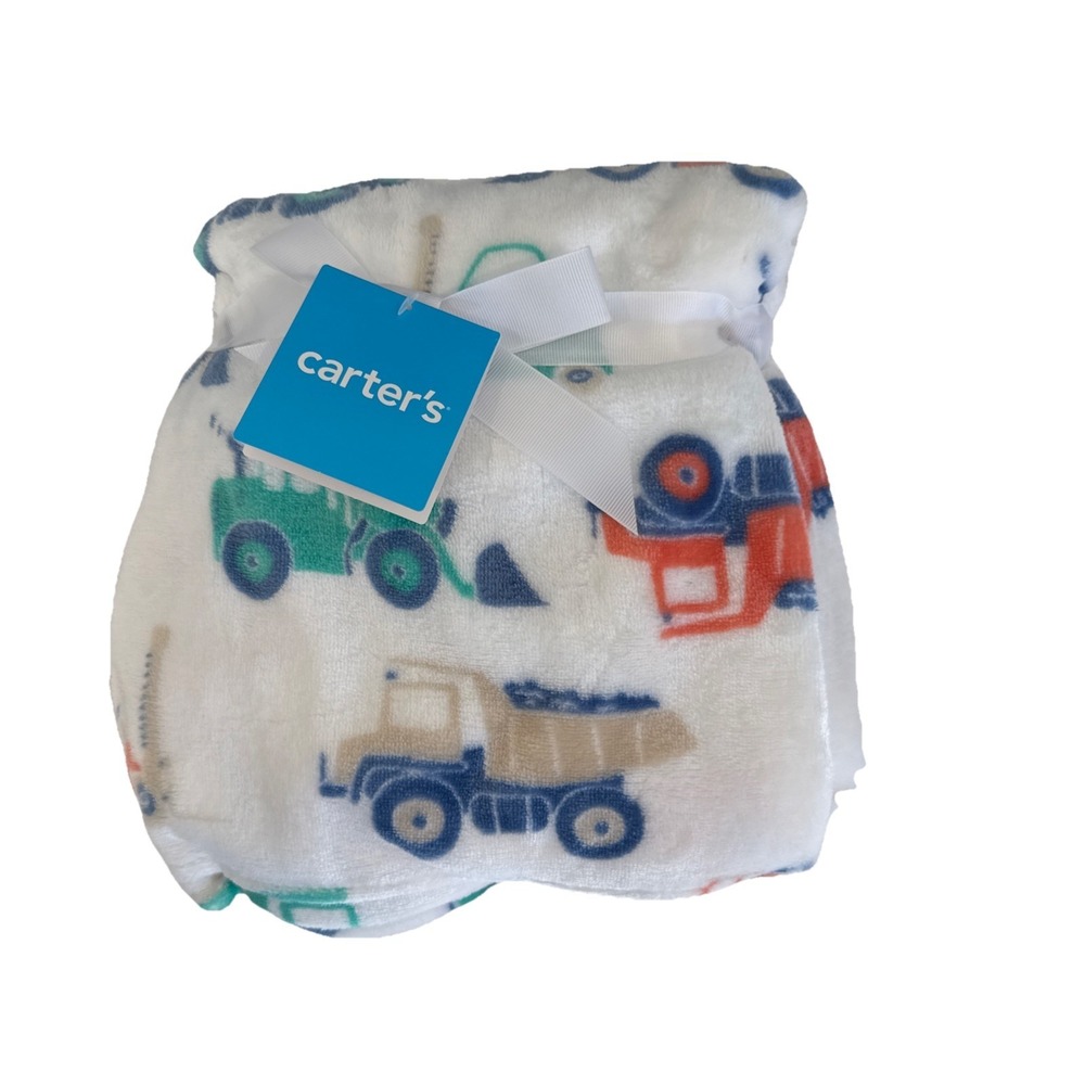 Carter's Baby Boy White Trucks Themed Blanket 30" x 40"‎ Newborn Infant Gift NWT